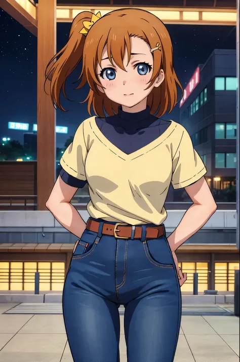 kousaka honoka, night, train station, tight jeans pants,sweater top,arms behind back, short hair, hair ornament, crotch lines, u...