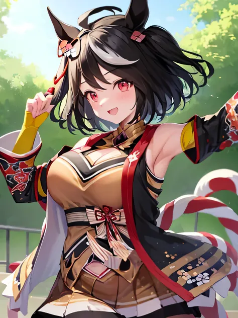 1 girl、{kitasan black,Umamusume,red eyes, horse ears, Uma Musume, horse tail, black hair, short hair, messy hair, wavy hair, smile}, Kyoto animation style, {Upper body}, {outstretched arm}, {Sweat}, handsome figure, woman, very beautiful detailed anime fac...