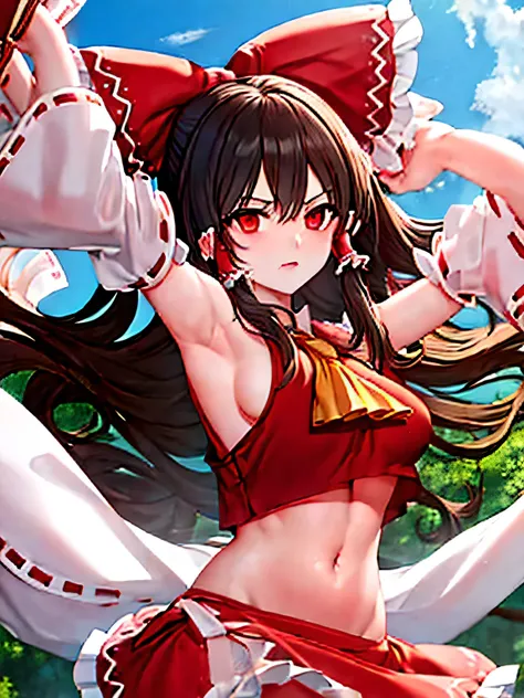 hakurei reimu, Only the upper body and head can be seen, arm up, bare breasts, Bare navel, Bare arms,Show your armpits