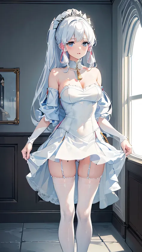 ((beautiful lighting, Best quality, 8K, Masterpiece: 1.3)), 1girl, Perfect body beauty: 1.4, elegant, Sweaty + wet skin,((white hair)), (White dress: 1.4), (Bathing gown), (Over the knee white stockings: 1.5), (white elegant sofa), Soak, Super Fine Face, (...