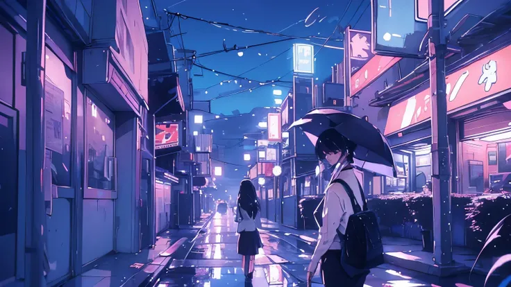 The rain falls in sheets, reflecting the neon lights of the city streets as a lone woman walks with her umbrella.