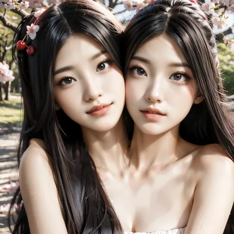 cherry blossoms, park, two girls in a park, japanese park, pretty