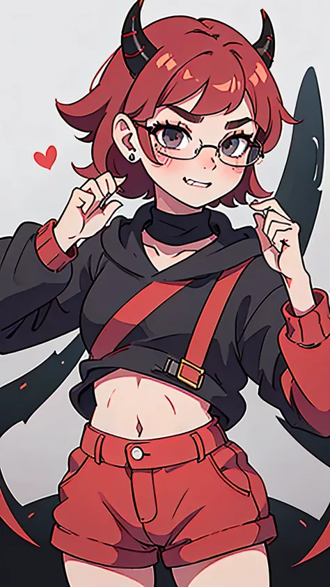 best god quality, Ultra-detailed, perfect Anatomy, 1 girl, pale skin, red hair, short hair, (red hair + short wavy hair*1.2), small horns on forehead, small horns, oni horns, small breasts:1.2, shes wearing a black outfit, a black choker with a heart, hear...