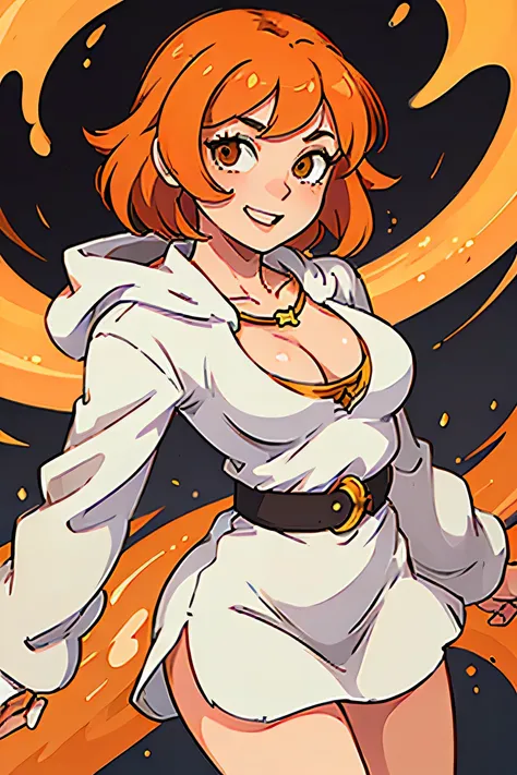 (((masterpiece))), (((best quality))), illustration, single character, game character, rpg character, female character, female acolyte. tall torso. athletic girl. Cute. white long robe with small golden details and lines, open hooded robe. cheeks with whit...