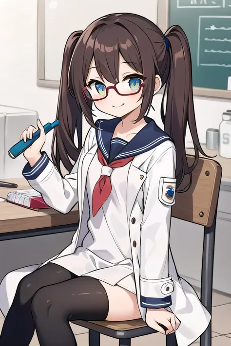 Reddish brown hair, glasses, white coat, twintails, confident expression, sailor suit, holding a spanner, working in a factory, smiling, short, short , her breasts are small, her hairstyle is twintails, her hair is long, the edges of her glasses are thick,...