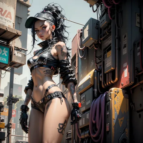 A beautiful woman with medium-length hair wearing a cybergoth-inspired cap adorns the scene. Her sleek, form-fitting bikini, embellished with neon accents and intricate cyberpunk designs, perfectly complements her edgy attire. The air around her crackles w...