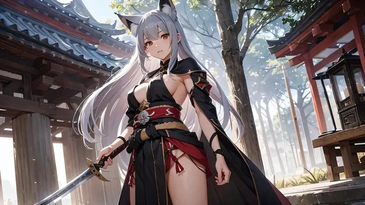 lily、gray hair、Fox、warrior、shrine、long hair、small breasts、highest quality、He has a sword at his waist.woman、half undressed、Miko costume