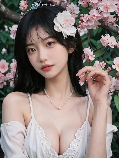 best quality， ultra high resolution， （realistically：1.4）， Cute tiara，Baoyu Girl， A pair of clear and charming peach blossom eyes,Royal sister，The sun shines on the face，Long curly hair，（in the cherry blossom tree：1.4），（necklace：1.2），（White skin：1.4），（Full ...