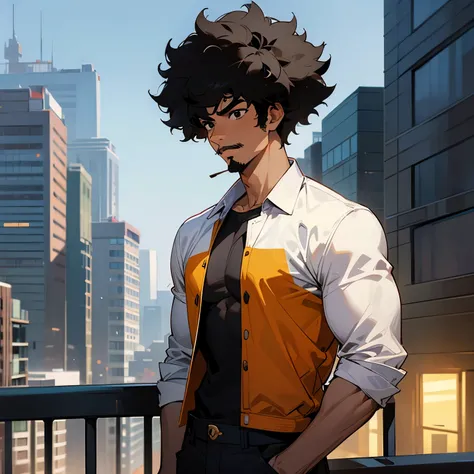 1male , Black Hair , Black Eyes , Shirt Afro Hair , Tan Skin, Chin Stubble ,Mustache Stubble, Lean Muscular Build , Modern City Background , Casual Clothing , Stylish Clothing , Teen Male