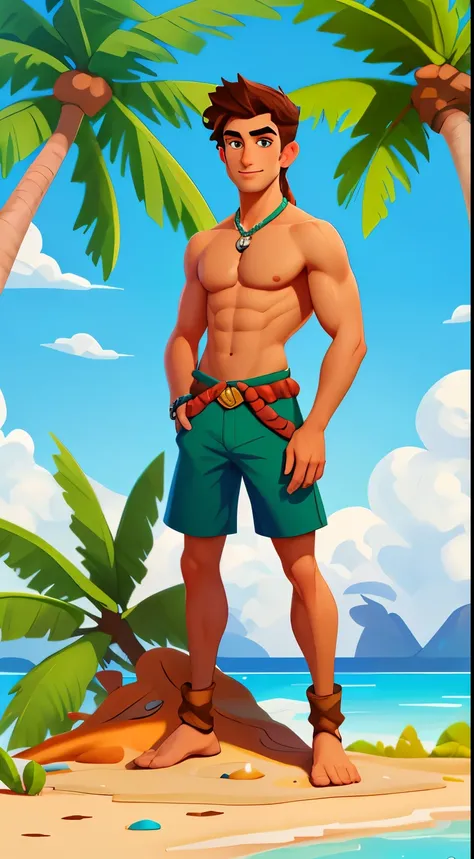 Denver, 1 male，handsome face，Perfect body，Disney art style，face, looking at the audience,naughty，primitive tribe，coconut tree,desert island