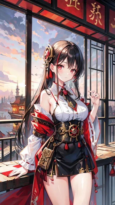 (best quality), girl,oriental detailed background, oriental cityscape, steampunk, miko