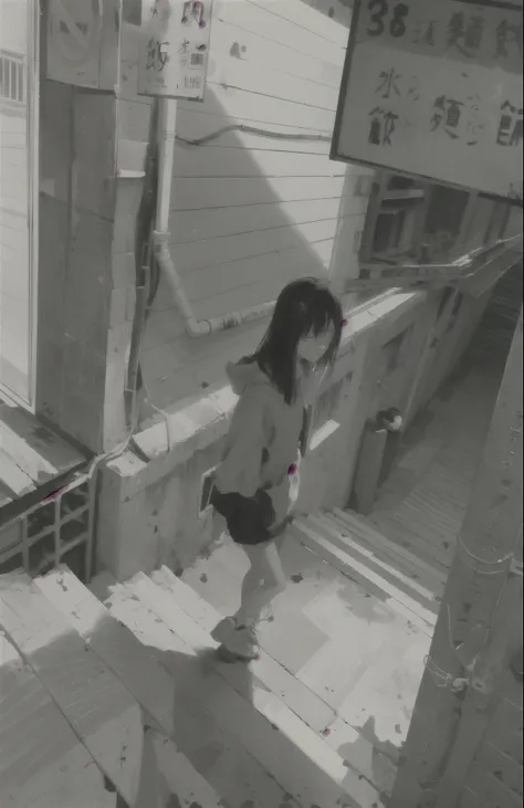 anime girl walking down a narrow alley with a sign in the background, oyasumi punpun, black and white manga style, ( ( ( yoshinari yoh ) ) ), black and white manga panel, tsutomu nihei style, punpun onodera, detailed manga style, gothic city streets behind...