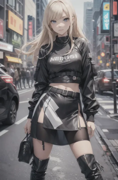 one girl,18 years old girl,gyaru,full body,slender body,long blonde hair,grin,knit tops,tight mini skirt,long boots in black,(best quality,4k,8k,highres,masterpiece:1.2),ultra-detailed, (realistic,photorealistic,photo-realistic:1.37),HDR,UHD,studio lightin...