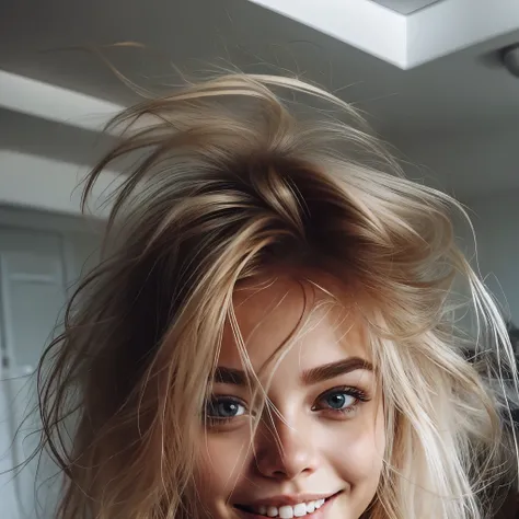 blond woman with long hair sitting on bed smiling at camera, messy blond hair, messy blonde hair, she has messy hair, messy hair bedhead, beautiful blonde girl, loose messy hair, messy hair, her hair is natural disheveled, cool tousled hair, 🤤 girl portrai...