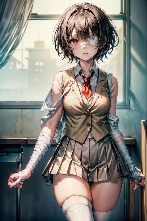 solo, 1girl, short choppy black hair, pixie hairstyle, purple lightless eyes, (((white medical eyepatch covering one eye)), scar...