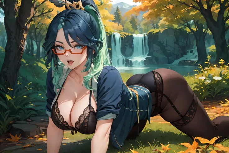 (masterpiece, best quality), 1girl, xianyun, glasses,ponytail, red-framed eyewear, under-rim eyewear,ponytail,
BREAK (dressed appropriately for school, wearing a  or casual attire, depending on the context. See huge cleavage and lingerie:1.2),
BREAK doggys...