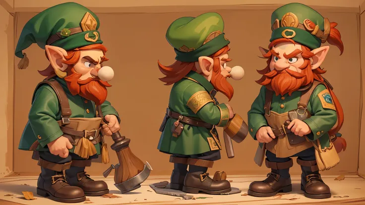 (master piece), 8k, best quality, cartoon leprechaun, tiny little man, 1 meter tall, red hair, red beard, old man, wrinkled skin...