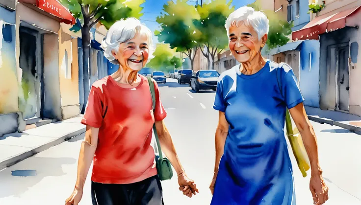 a 5 years old boy, short black hair, olive skin, black eyes, red T-shirt, smiling at a 75 years old woman, short white hair, fair skin, black eyes, blue dress after crossing the street safely, afternoon, sunny, (Watercolor Style, Illustration)++