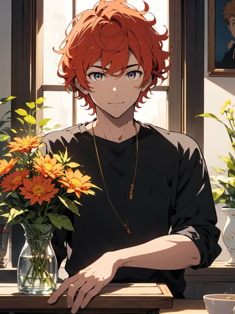 (highest quality、masterpiece、High resolution、be familiar with), (1 young man:1.5), (Shining eyes、detailed beautiful face)、(Handsome guy:1.2)、(bright red orange hair、Short messy hair 1.3、curly hair:1.2)、Outstanding style、(Spring casual、refreshing clothes)、i...