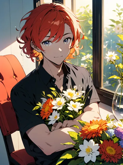 (highest quality、masterpiece、High resolution、be familiar with), (1 young man:1.5), (Shining eyes、detailed beautiful face)、(Handsome guy:1.2)、(bright red orange hair、Short messy hair 1.3、curly hair:1.2)、Outstanding style、(Spring casual、refreshing clothes)、i...