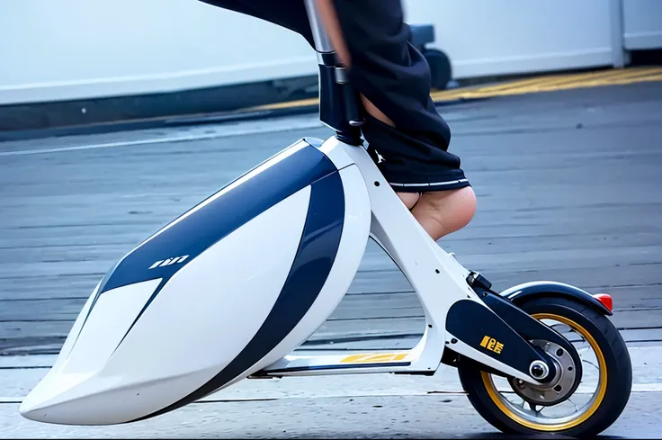 A flying scooter of the future without tires。A Japanese girl wearing a sailor suit is piloting it.。