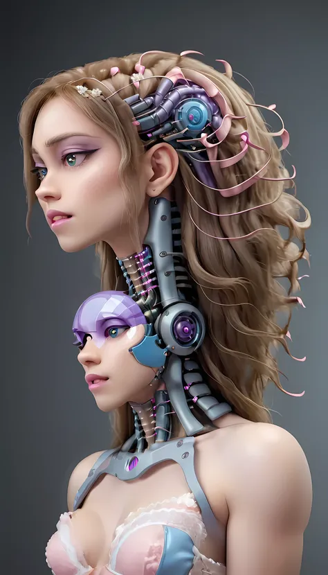 jessicagraham, (Complex Professional 3D rendering:1.3) of (Ultra detailed:1.3) side profile, xray diagram deconstruction of a cyborg brain to machine interface, extended neck, glowing lights, Highly detailed, Depth, Many parts, Lumen render, 8k x-ray style...