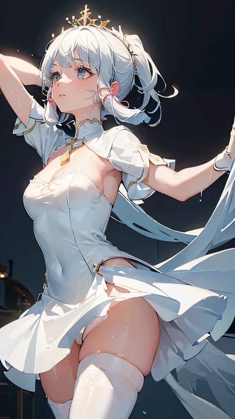 ((beautiful lighting, Best quality, 8K, Masterpiece: 1.3)), 1girl, Perfect body beauty: 1.4, elegant, Sweaty + wet skin,((white hair)), (White dress: 1.4), (Over the knee white stockings: 1.5), (long dress) Soak, Super Fine Face, lingerie, ((dancing in the...