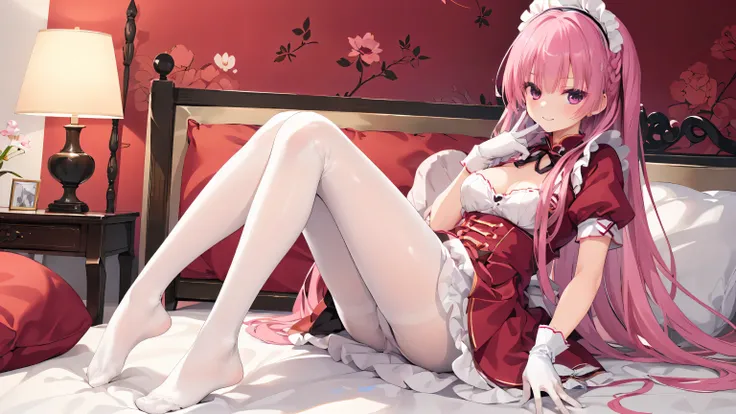 Chinese architecture,night chinese background， solo，a girl，170cm height，25CM bust，pink hair，Red maid outfit，white underwear，night，gentle，Smile， ((white pantyhose)，indoors，on the bed，black gloves，no shoes，mitsukasa ayase