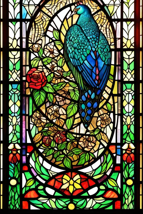 a close up of a stained glass window with peacocks in it, an ultrafine detailed painting by Olga Rozanova, Artstation, art nouveau, ( art nouveau ), (art nouveau), maxim verehin stained glass, translucent roses ornate, stained glass art, roses, stained gla...