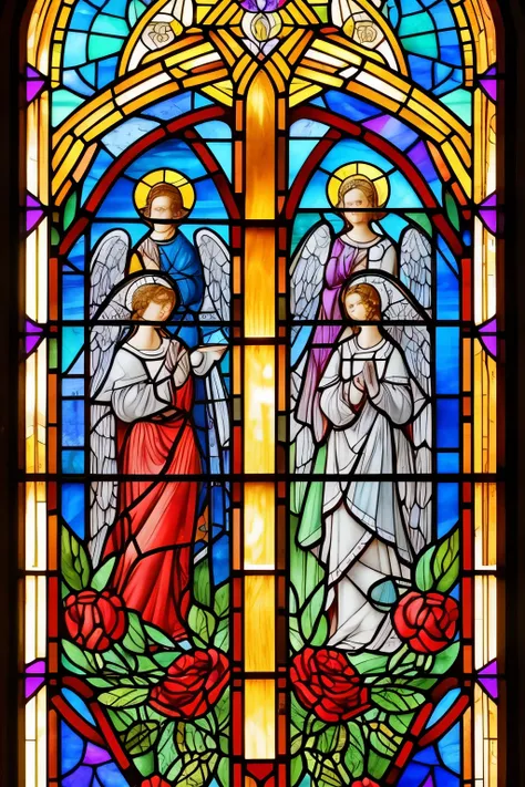 a close up of a stained glass window with angels in it, an ultrafine detailed painting by Olga Rozanova, Artstation, art nouveau, ( art nouveau ), (art nouveau), maxim verehin stained glass, translucent roses ornate, stained glass art, roses, stained glass...