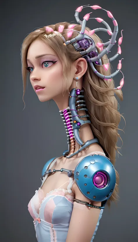 jessicagraham, (Complex Professional 3D rendering:1.3) of (Ultra detailed:1.3) side profile, xray diagram deconstruction of a cyborg brain to machine interface, extended neck, glowing lights, Highly detailed, Depth, Many parts, Lumen render, 8k x-ray style...