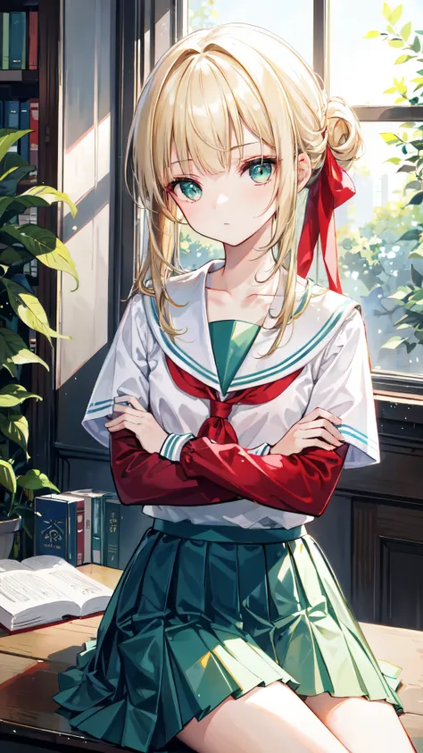 ((masterpiece,best quality, high resolution)), 1girl, solo, green eyes, blonde long hair tied with blue ribbon, blunt bangs, sitting, folded arms on the table, sleep on the folded arms, , white serafuku, red sailor collar, short sleeves, white pleated skir...