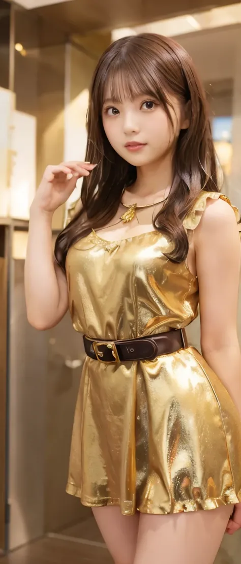 A fairytale idol girl、、gold candy mini dress、、、good style、whole body、、shiny belt、、light brown hair、