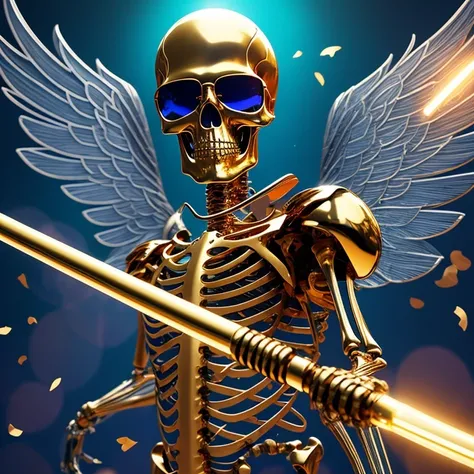 baton,Transparent wings,Magic wand,Wear thick gold-framed reflective sunglasses,32K(tmasterpiece,k hd,hyper HD,32K)Light orange flowing hair,The Silver Skull Jewelry District in the backstreets,Indigo Skull King ,Skeleton protector (The skeleton is realist...