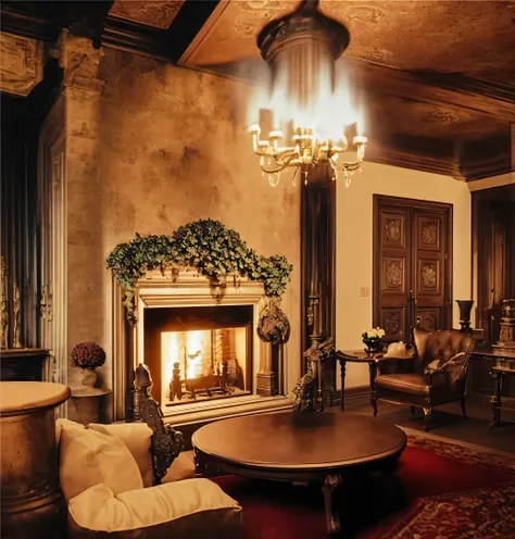 Generate high-definition castle interior background image，There is a fireplace etc.，Connect to real scenes，Realistic