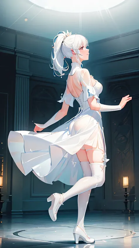 ((beautiful lighting, Best quality, Masterpiece: 1.3)), 1girl, Perfect body beauty: 1.4, elegant, Sweaty + wet skin,((white hair)), (White dress: 1.4), (Over the knee white stockings: 1.5), (long dress), Super Fine Face, lingerie, ((dancing in the distance...