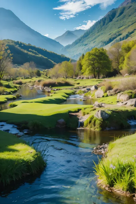 Ink painting spring with green mountains，Green water