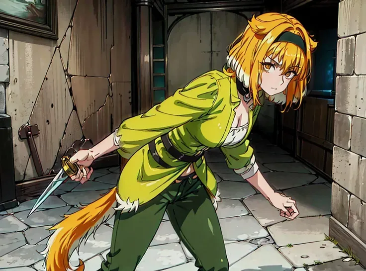roxanne, 1 girl, holding a long curved wide sword behind her, hand, sword going off-screen, battle pose, sword, scimitar, dimly lit dingy stony mossy windowless dungeon hallway with no decoration, gold eyes, (fierce look:1.2), (fluffy dog tail:1.4), hand w...