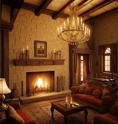 HD castle interior background picture，There is a fireplace etc.，Close to the real scene，Realistic