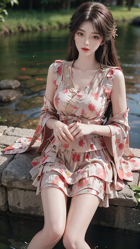 Sweet girl clothes6,print dress, stlouis,（Enrich the picture，Masterpiece quality）Beautiful 8K CG artwork，Goddess-like pose，sittinng on the river，Postural exercises，Thin and soft，Translucent skin，curlies， Brown hair long, The skin is fair and juicy，Perspect...