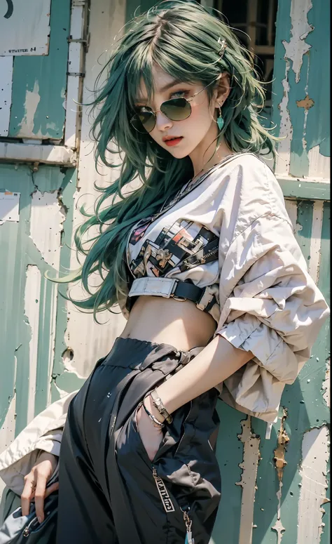 Kizi, Sexy, Handsome movements，Sideways photo，Colorful color scheme，(green hair)sunglasses, long pants, long eye bongs, cool spray graffiti creative background, genz millenial soft faceTrendy clothing，Columnar patch background，green tomboy ish messy hai, r...