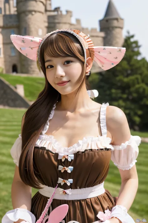 masterpiece, highest quality, Photoreal, Super detailed, finely, High resolution, 8k wallpaper, Professional, Advanced level of detail, ((A female college student posing in front of a castle:1.2)), slender Japanese woman,, detailed clavicle, Big breasts、pe...