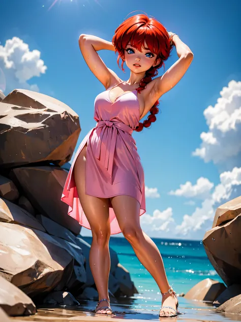 Wet redhead anime girl in summer rain with wet dress soaked in water, vestido White and pink, saia, 16 anos, corpo bonito, seios grandes, with hands behind head, running your hands through your hair, Garota sexy, red short hair with braid, mechas de cabelo...