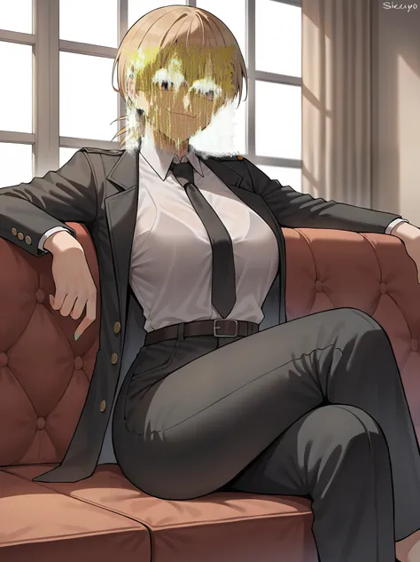 score_9, score_8_up, score_7_up, source_fumo, solo, 1girl, hellsing, formal, suit, black jacket, black necktie, long sleeves, black pants, shexyo, shexyo style, smirk, smug, sitting, couch, closed mouth, boob window, breast window, huge tits