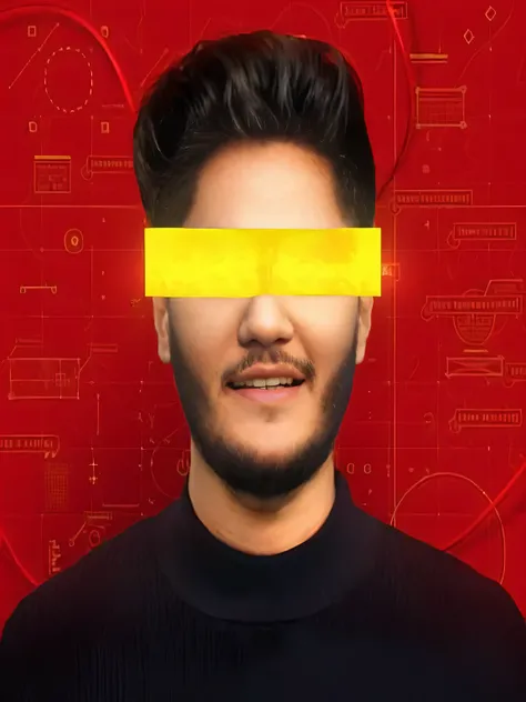 a man with a yellow tape over his head, futuristic yellow lens, human face with bright red yes, markiplier, oled visor over eyes, glitch effects over the eyes, oled visor for eyes, yellow cyborg eyes, human with one robot eye, ai self portrait, twitch stre...