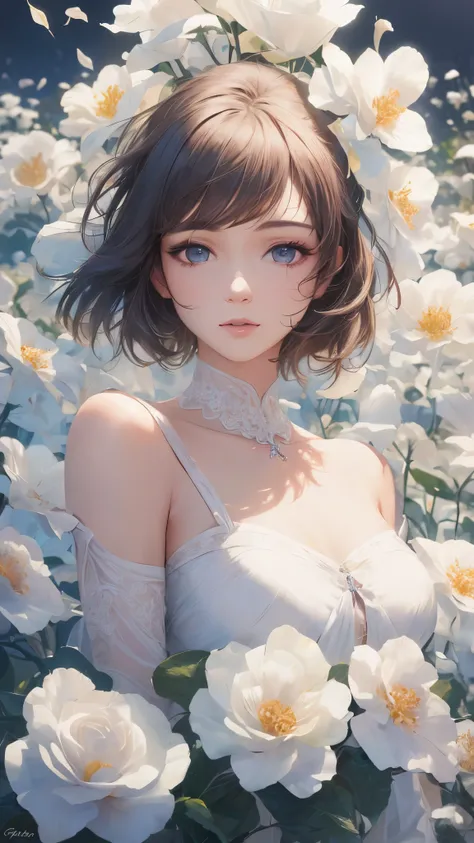 best quality, masterpiece, ultra high resolution, (lifelike:1.4), 1 girl, white dress, Off the shoulders, flower field, glowing skin, faint smile