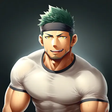 anime characters：priapus, 1 young muscular man, male focus, sporty black headband, off-white high collar tight t-shirt, slightly...