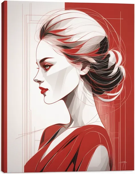 Illustrate an elegant stunning beautiful womans face in profile using sleek white lines on a Red canvas 