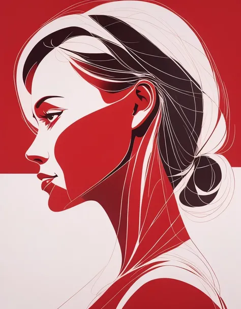 Illustrate an elegant stunning beautiful womans face in profile using sleek white lines on a Red canvas 