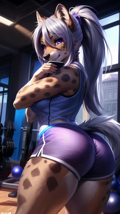 (anthro)) hyena, Ross Tran, by ruan jia, by zaush, by foxovh Best Quality, masutepiece,, Illustration, Wallpaper,1girl in, Solo, Bright purple-silver hair, Semi-long hair, Beautiful detailed girl, extremely detailed eye and face, Beautiful detailed eyes, S...